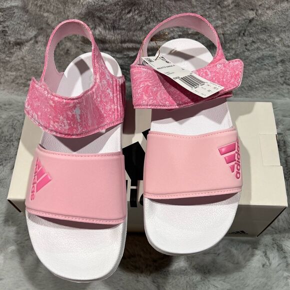 NWT Big Kids Pink & White Adidas Adilette Sandal K Velcro Closure Size 6 - Picture 1 of 7